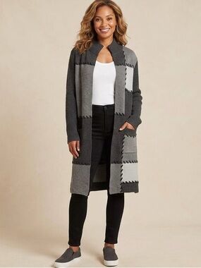 Joseph A Patchwork Open Front Cardigan Cottagecore Knit Sweater, Size L, NWT